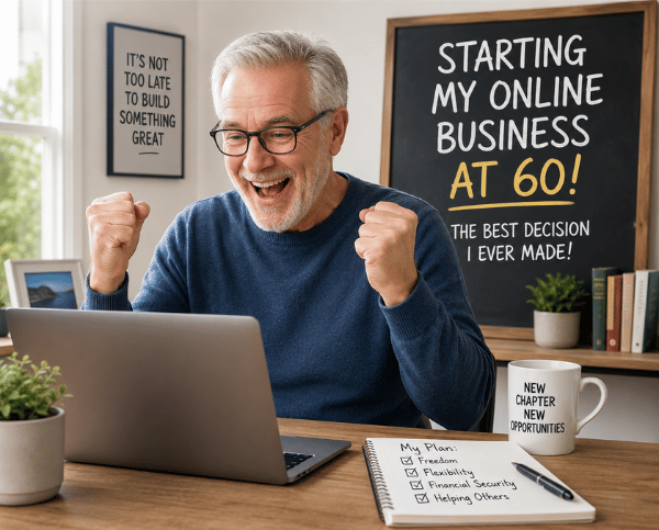 how to start an online business after 60. man excited by the prospect of an online business